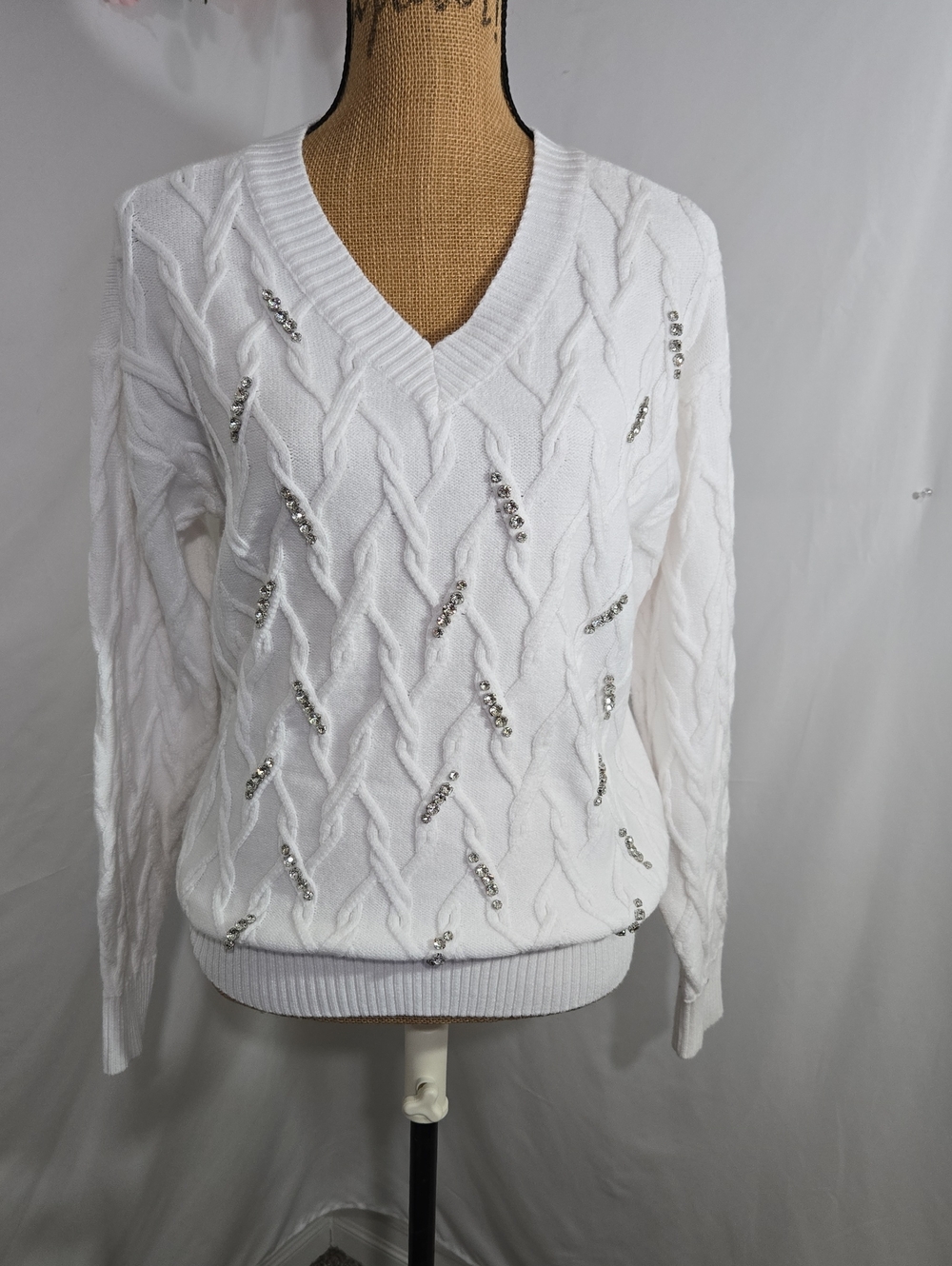 White V-Neck Embellished Cable Knit Sweater